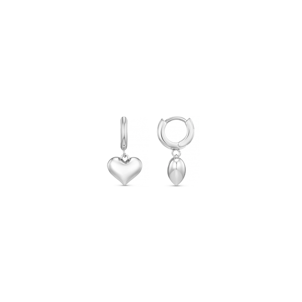 Domed Heart Charm Huggie Hoops - Silver
