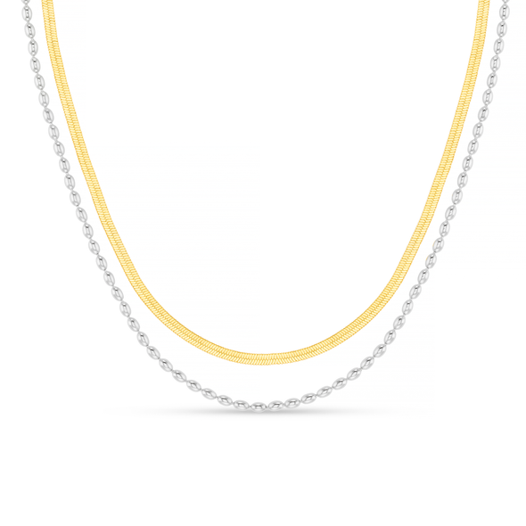 Mixed Plate Snake & Bead Chain 2 Row Necklace
