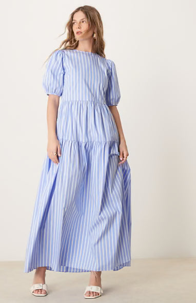 Puff Sleeve Blue Stripe Dress