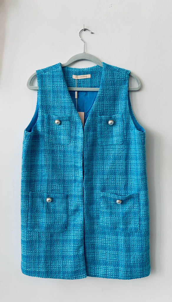 Blue Sleeveless Tweed Jacket