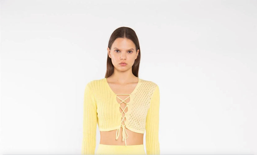 Lemon - Yellow Front Tie Knit Crop Top