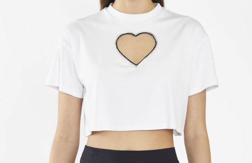 White Embellished Heart Cut-Out Crop Top