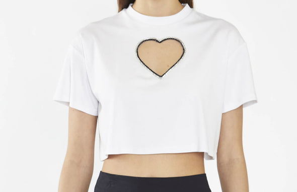 White Embellished Heart Cut-Out Crop Top