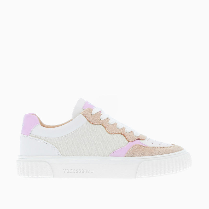 Beige Canvas Sneakers With Lilac Details