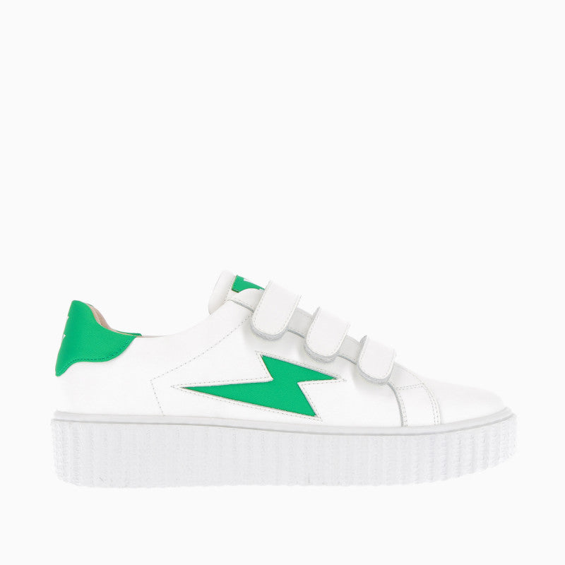 White lightning sneakers with green satin details